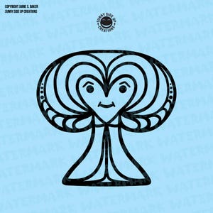 Puede incluir: Ilustración en blanco y negro de línea de arte de un hongo estilizado con una cabeza en forma de corazón y una cara sonriente.