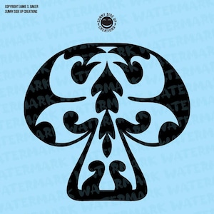 Puede incluir: Gráfico negro en forma de hongo con diseños arremolinados sobre un fondo azul claro. El diseño presenta un tallo central y una tapa redondeada con patrones decorativos. Incluye el texto "SUNNY SIDE UP CREATIONS".