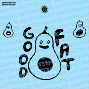 May include: Black and white illustration of an avocado with a smiling face. The avocado is surrounded by the words "Good Fat" in a bold, black font. The background is a light blue color with a repeating pattern of the word "watermark".