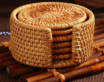 6Pcs//Set Vintage Rattan Coasters With Basket Handmade Woven Drink Mats Placemats