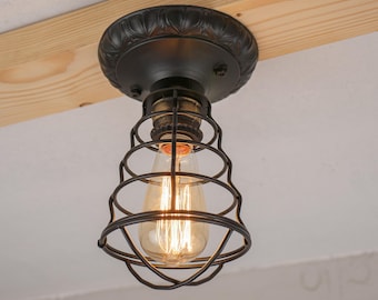 Semi-Flush Mount Ceiling Lights Rustic Single Cage Light Fixture Large Ceiling Mount 6,3 inches