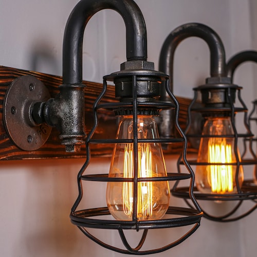 Rustic Vanity Light Fixture 3 Lights Cages Bathroom Wall Light Etsy