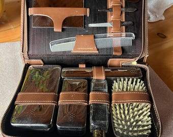 Vintage Leather Men's Travel Shaving Kit: Antique Grooming Set/ silver plated