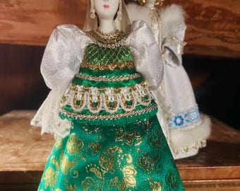 Vintage Russian Porcelain Doll With Christmas Dress Fur Hat and