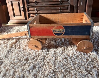 Vintage Hand Made Wood Pepsi Crate Wagon With Metal Trim