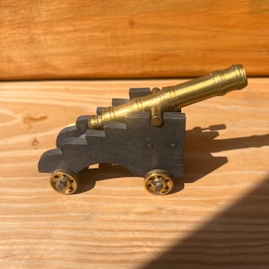 Brass Adjustable Cannon on Wood Base - Maltese Star - Collectible Cannon Replica with Moving Wheels