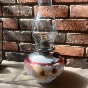 Antique victorian white milk glass 1920s kerosene oil lantern lamp painted flowers & chimney stack - floral art picture farmhouse home light