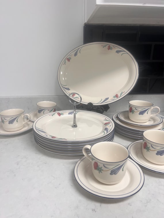 Vintage Lenox  chinastone , dishes poppies on the blue dinner set , setting for five with serving dishes