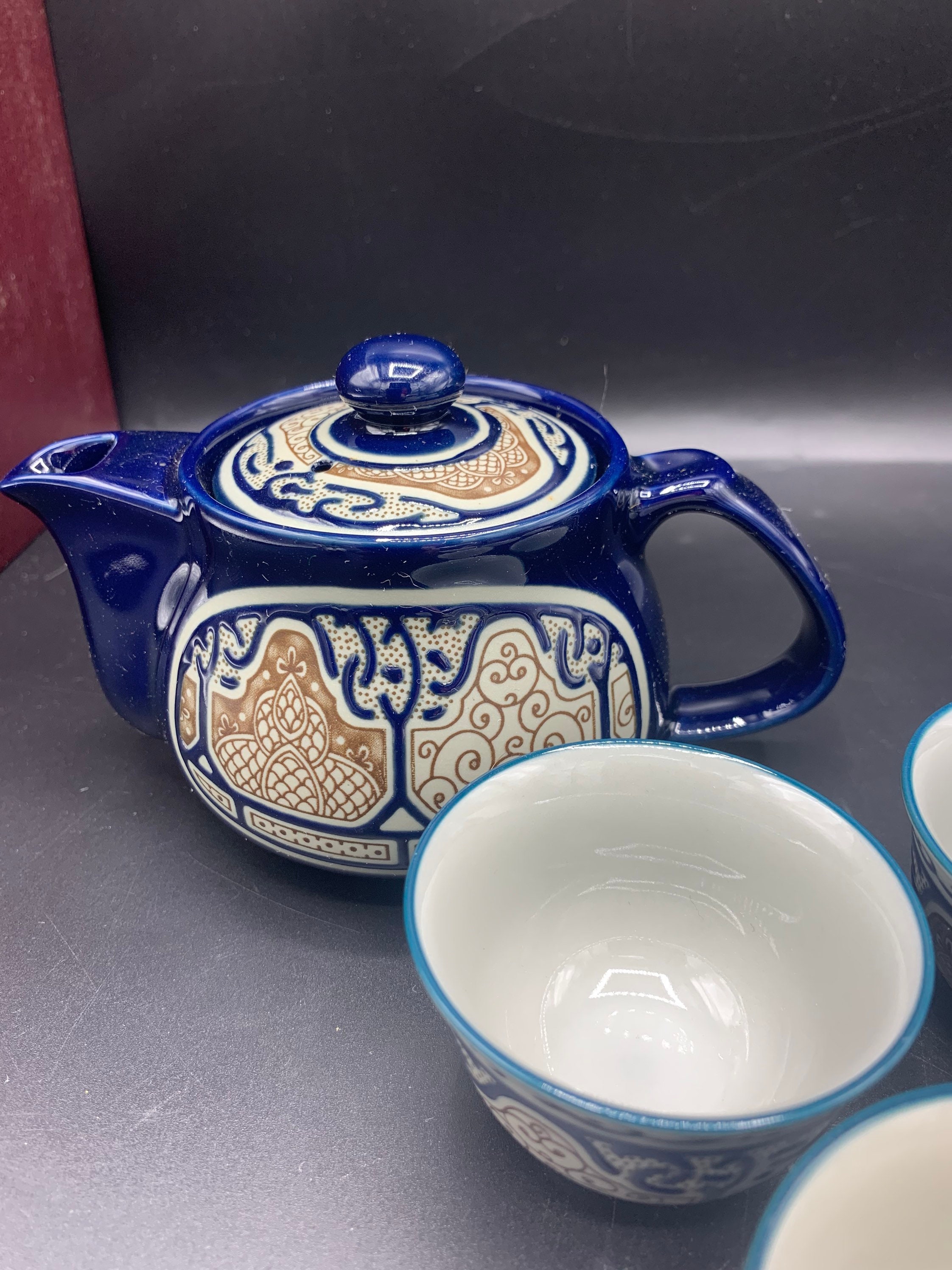Unique Japanese porcelain small tea set relief porcelain cobalt blue