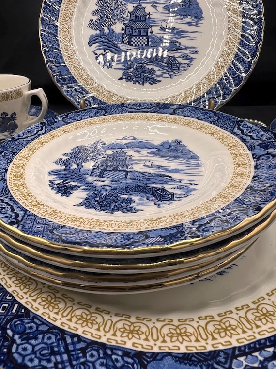 Antique Style Blue White and Gold Blue Chinoiserie Stamped