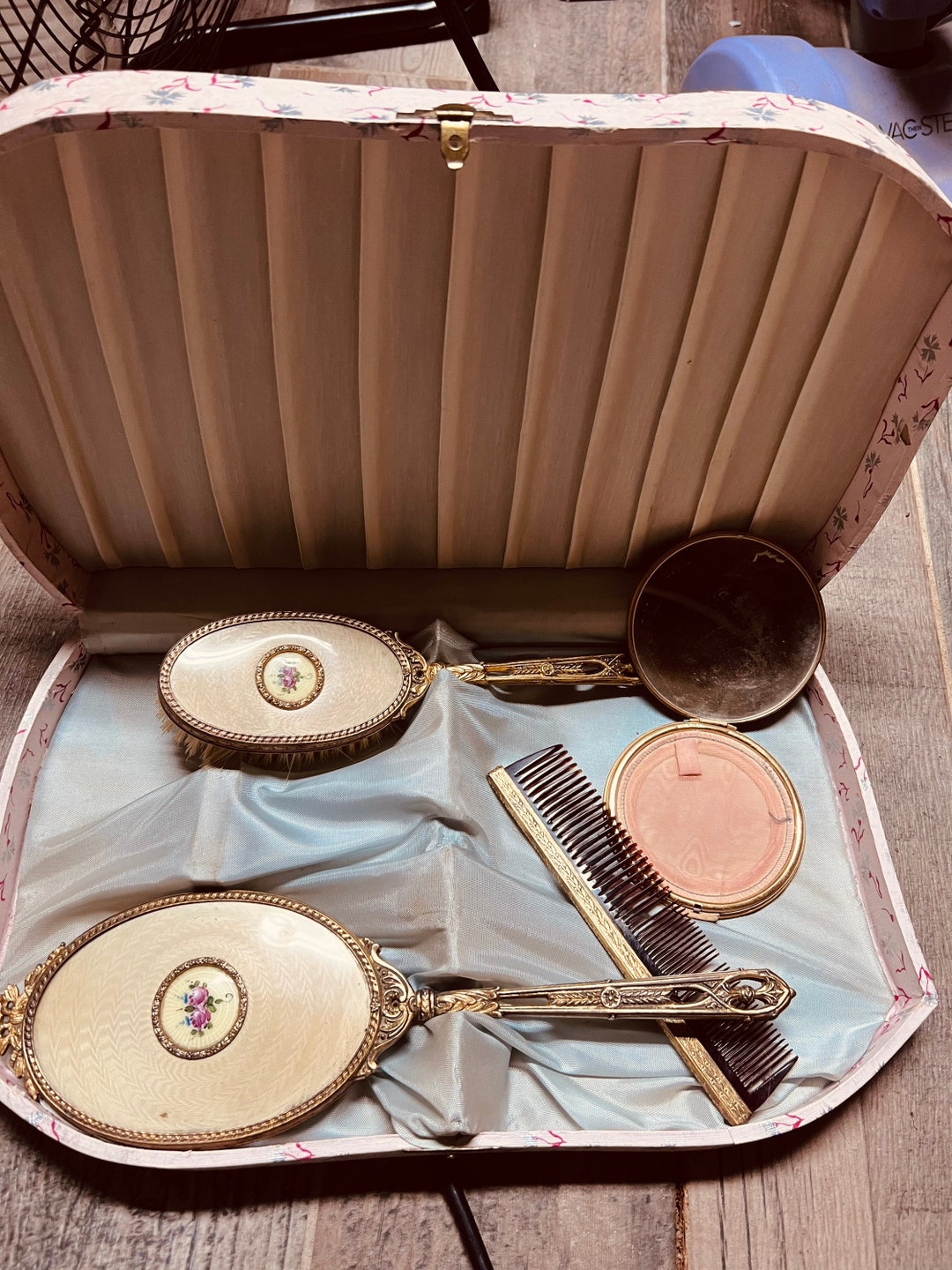 Vintage Vanity Set in Travel Box Brass Powder Compact and Makeup Mirror