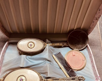 Vintage vanity set in travel box Brass Powder Compact and Makeup Mirror Case