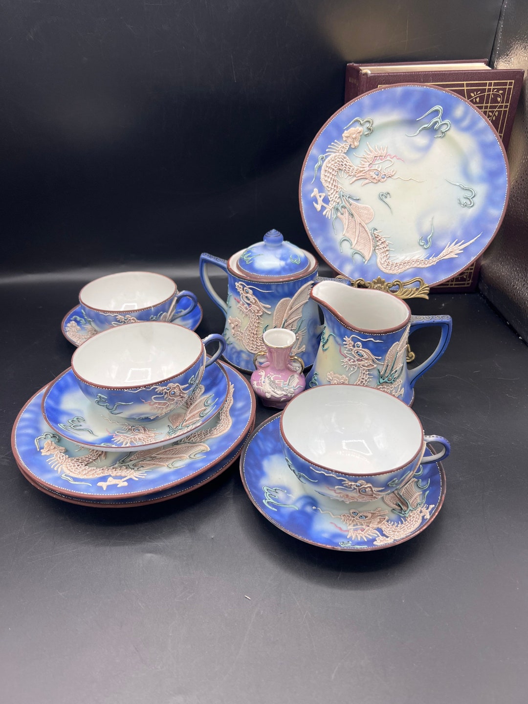 Embossed Dragons Demi Tea Cups, Very Ornate Antique Asian Tea Set