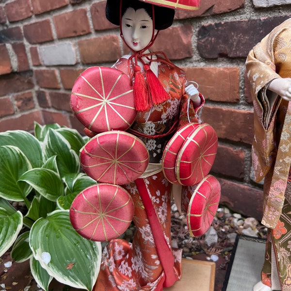 Vintage Japanese geisha , Japanese 'Maiden with Hats' DOLL Red Silk Kimono Geisha