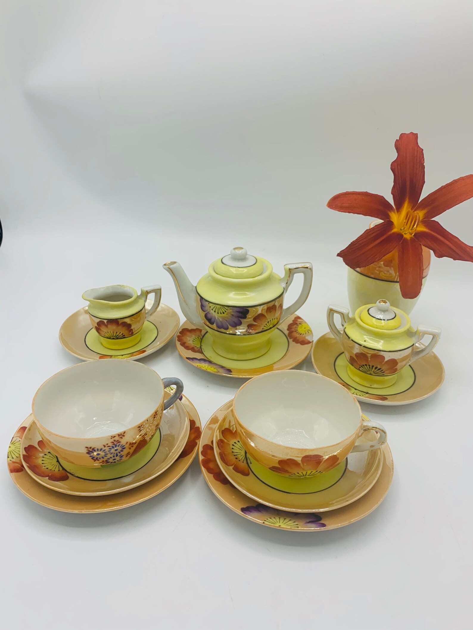 Japanese lusterware children tea set peach and yellow floral Etsy