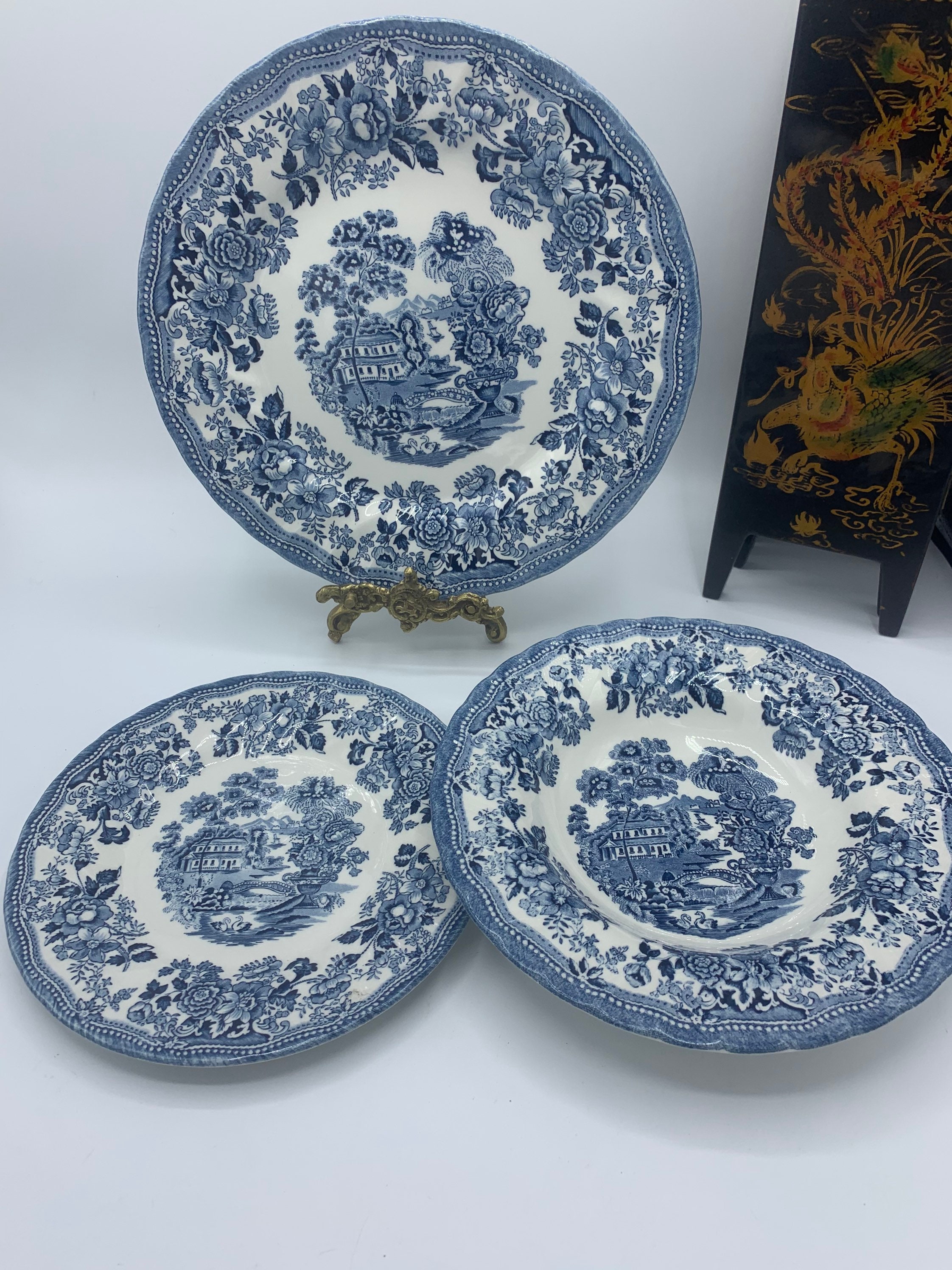 Churchill the brook blue , setting for one, dinner plate, salad plate, rimed soup bowl