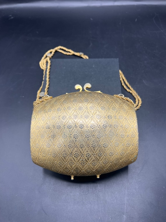 Vintage Gold Metal Box Purse with Gingham Floral P