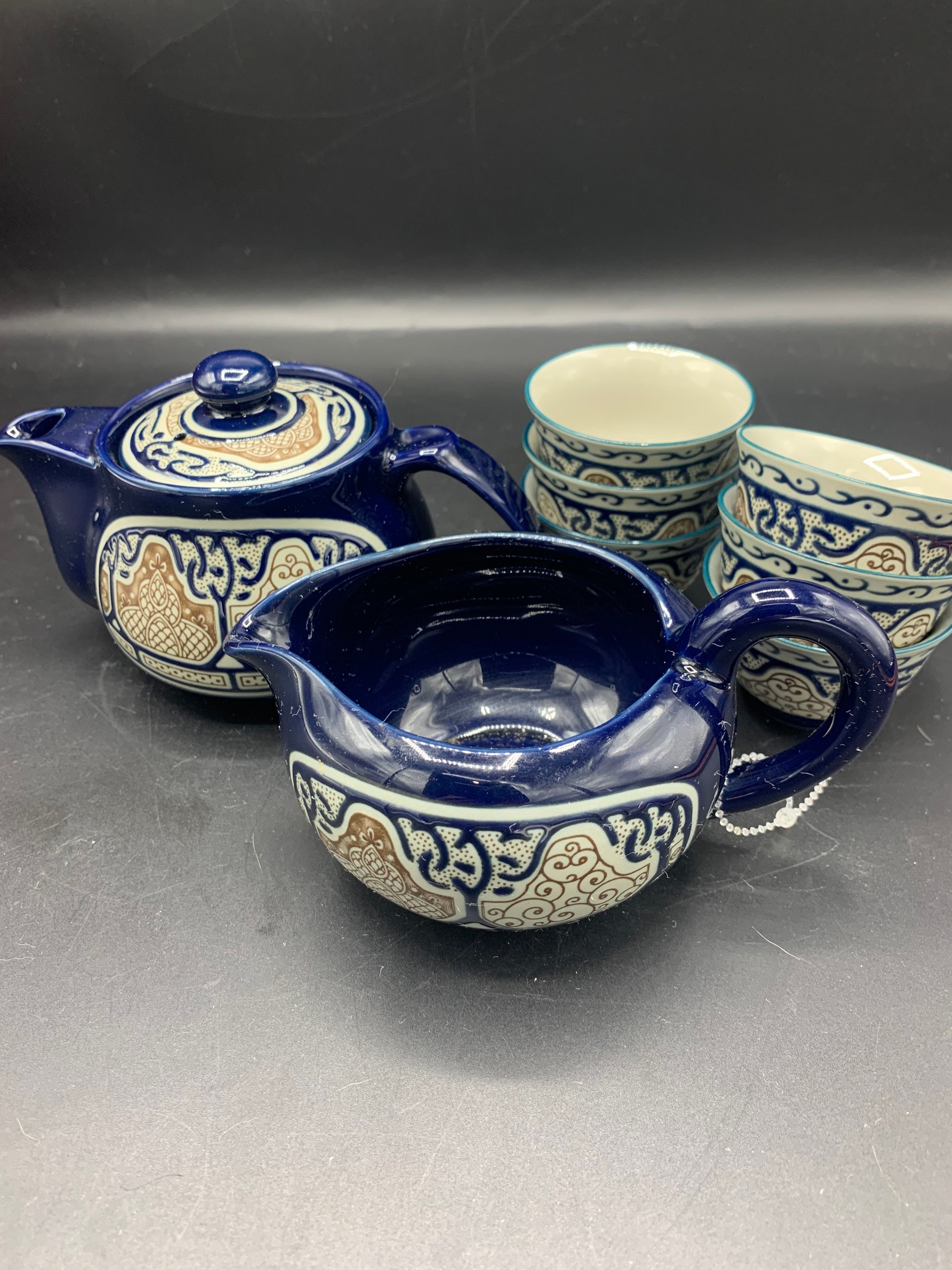 Unique Japanese porcelain small tea set relief porcelain cobalt blue
