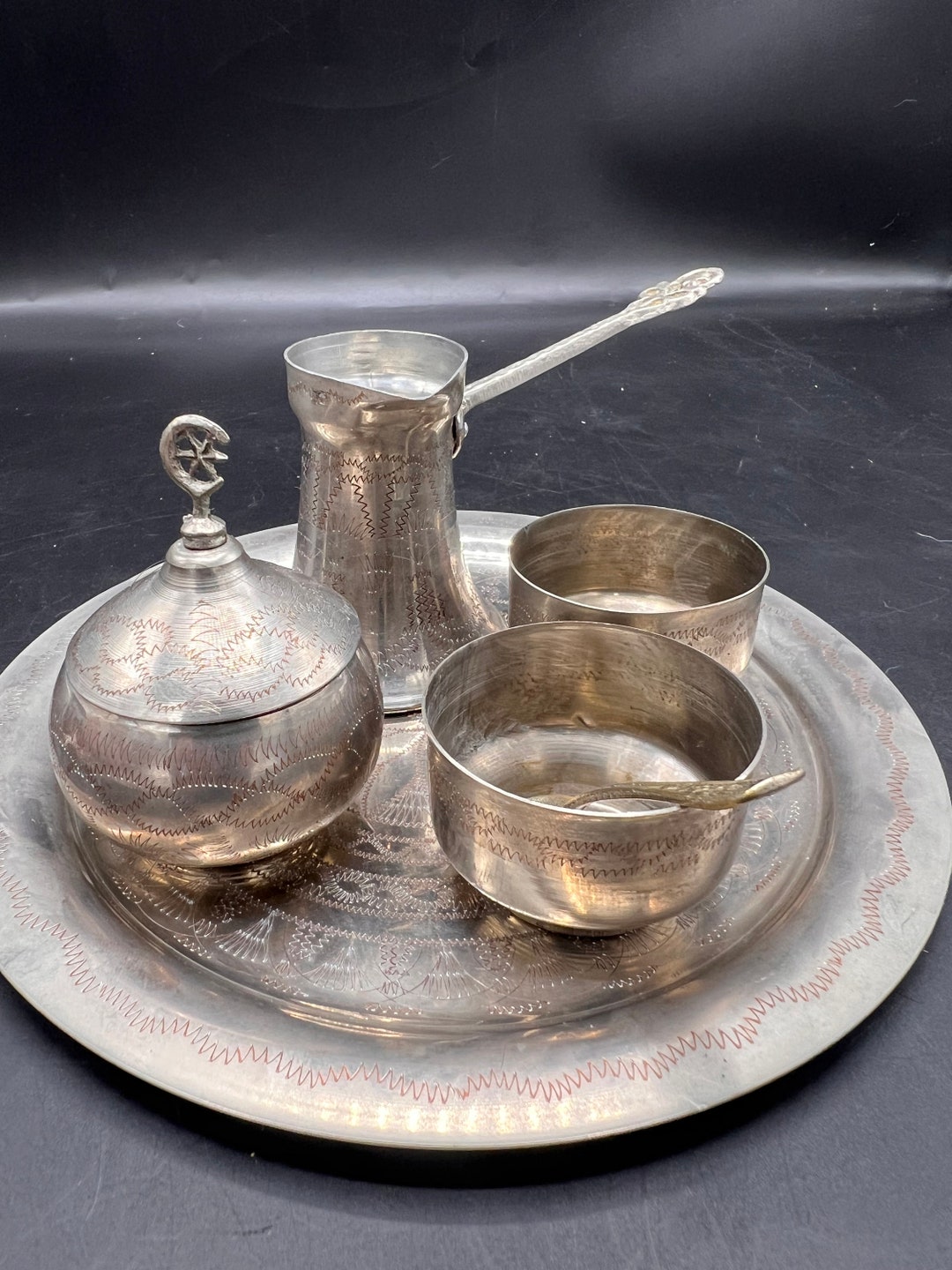 Turkish Silver Plated Cooper Tiny Tea Set for 2 / Engraved Silver ...