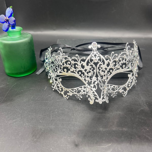 White or Silver and Rhinestone Metallic Masquerade Mask / velvet and gold half face mask
