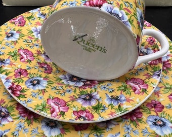 Queen's Fine Bone China Sophie Chintz Yellow Teacup & Saucer 4 Oz