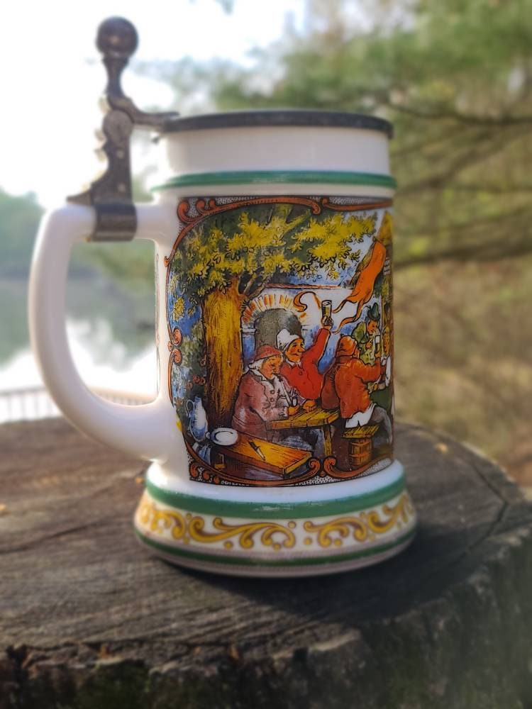 Original Bmf Bierseidel German Milk Glass Pewter Lidded Beer Stein