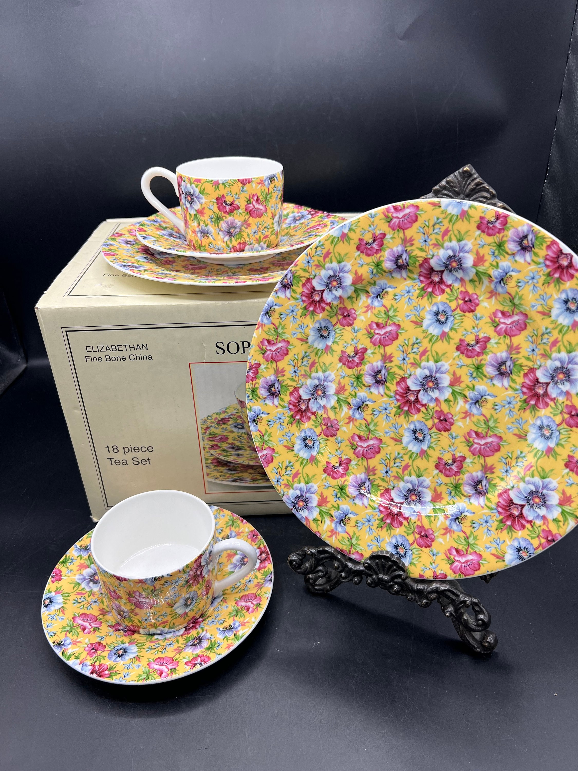Queen's Fine Bone China Sophie Chintz Yellow Teacup & Saucer 4 Oz