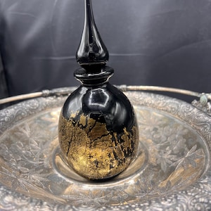 Elegant black and gold glitter art glass , hand blown perfume bottle with stopper