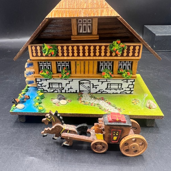 Vintage Wood Cuendet Swiss Move Cabin Chalet Cottage House Jewelry Music Box / windmill