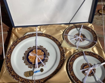 Vintage LIMOGES Fine Porcelain BACCHUS Cake Plate Plate serving set in original box, casa elite gift 7 pieces set