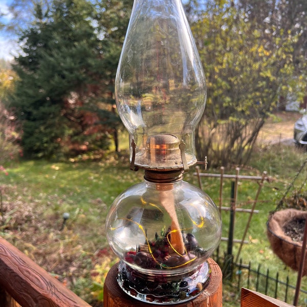 Vintage clear glass oil lamp , beautiful decorated with dry pine cones and fry flowers / vintage decor