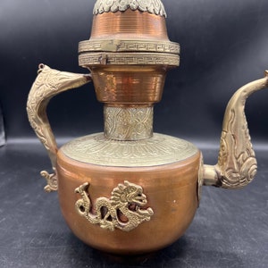 Antique Tibetan Copper and Brass Silver Plated Teapot with Dragons