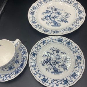 Ming Tree Double Phoenix Ironstone Nikko Japan Blue and White Floral Creamer, Nikko Ming tree dishes dinner plates, butter plates, cups