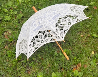 Vintage Small Crochet Parasol Umbrella White 100% cotton Wood Handle 24" Wide Lace Umbrella | Tea party | Wedding | Decor