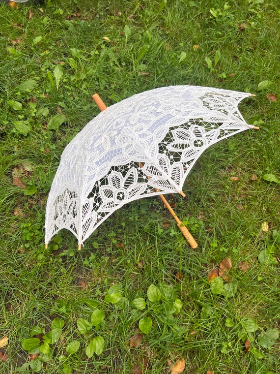 Vintage Small Crochet Parasol Umbrella White 100% 