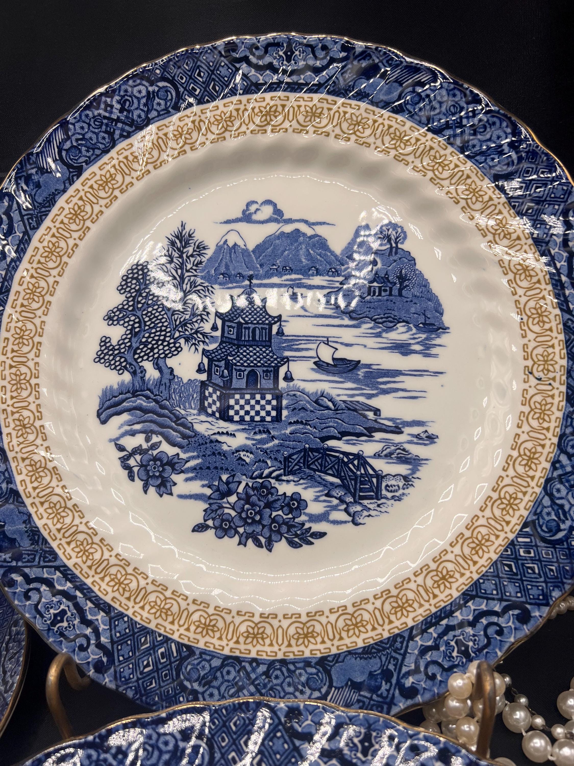 Antique Style Blue White and Gold Blue Chinoiserie Stamped