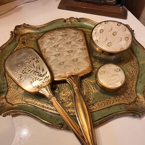 Vintage Gold Tone Vanity Set With Mirror, Brush, and Powder 