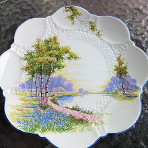 Aynsley Bone China Scalloped Plate, Bluebell Time Side Plate, Bluebell Time Dessert Plate Aynsley Bone China Blue Trim