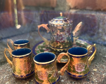 Miniature Cloisonne Tea Service Teapot 4 Cups Tray Enameled Gild Asian Floral/ birds