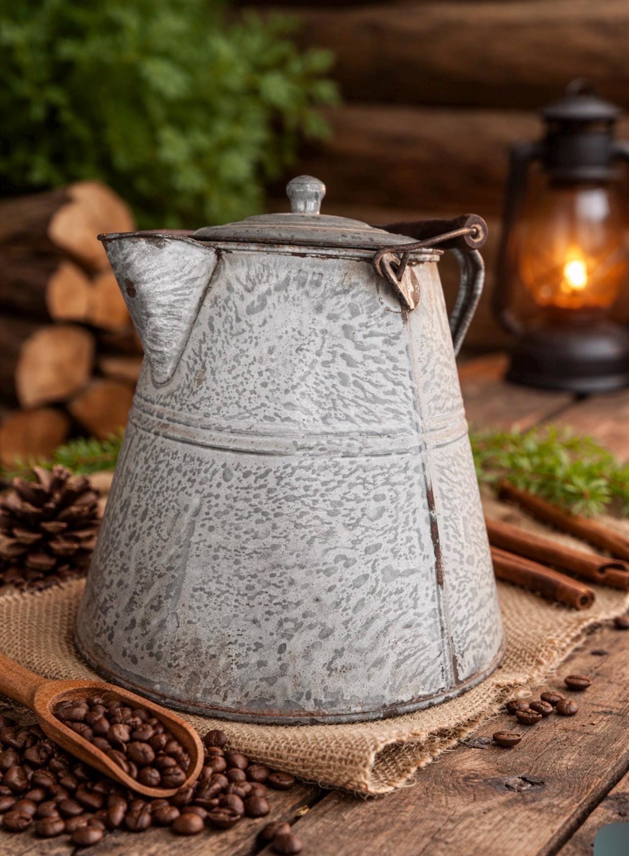 Vintage Cowboy Grey Granite Ware Enamel Coffee Pot Kettle With