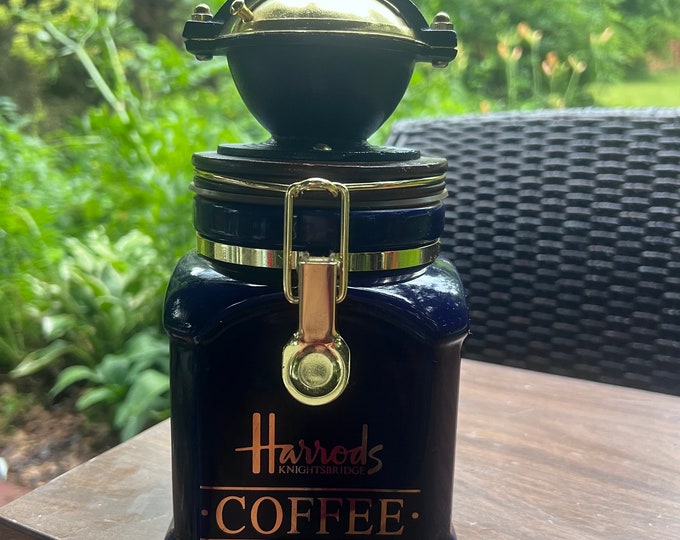 Harrods Knightbridge Coffee Mill Hand Grinder Ceramic Canister Cobalt
