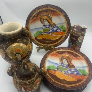 Japanese Dragonware Moiage Geisha Bird Lithopane Whistling Sake , incense burner and vase