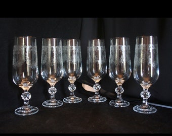 7 Vintage Bohemia Crystalex cascade etched flute glasses and Bohemia Claudia clear glasses, sold individually