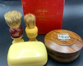 Vintage trade Simms shaving brushes and soap sold as a set of 4 or separate Lea soap in wood box soap holder