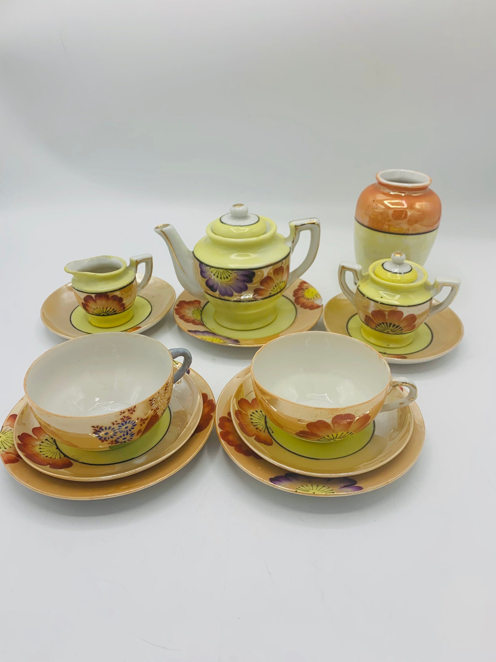Japanese lusterware children tea set peach and yellow floral Etsy