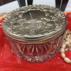 Vintage silver plated lid powder container, glass jar matching perfume bottles, vanity decor,