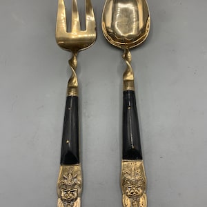 Brass vintage gold Thailand serving spoon and fork/ serving utensils