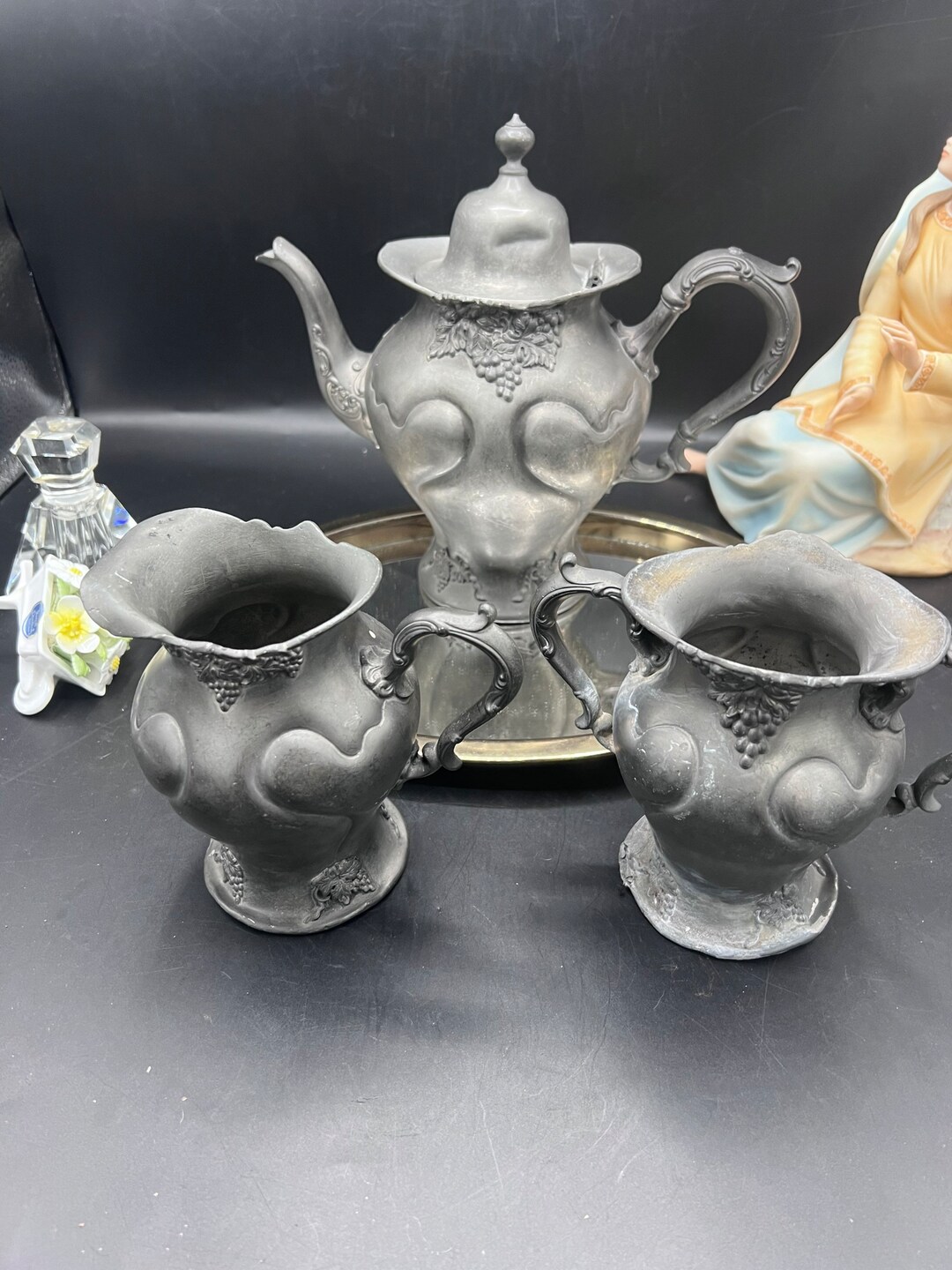 Vintage Victor Silver Co Quadruple Plate Decorative Tea Set / Grape