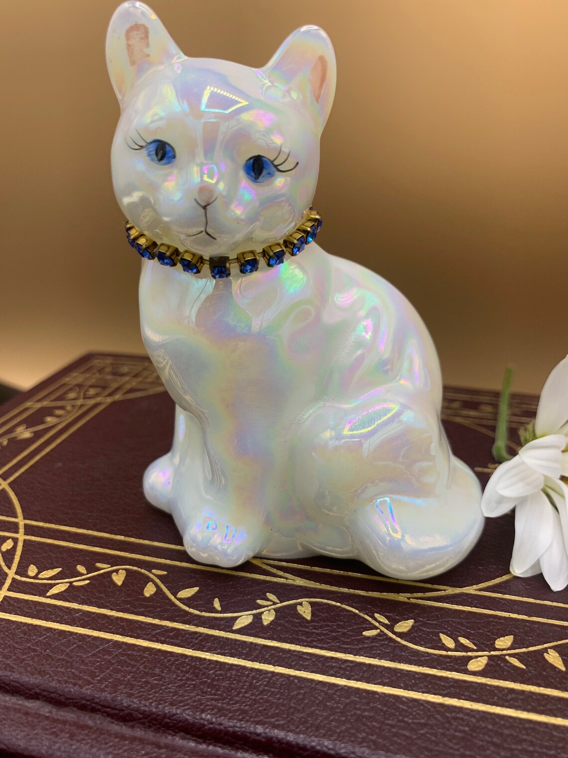 Fenton glass cat iridescent white glass signed Etsy