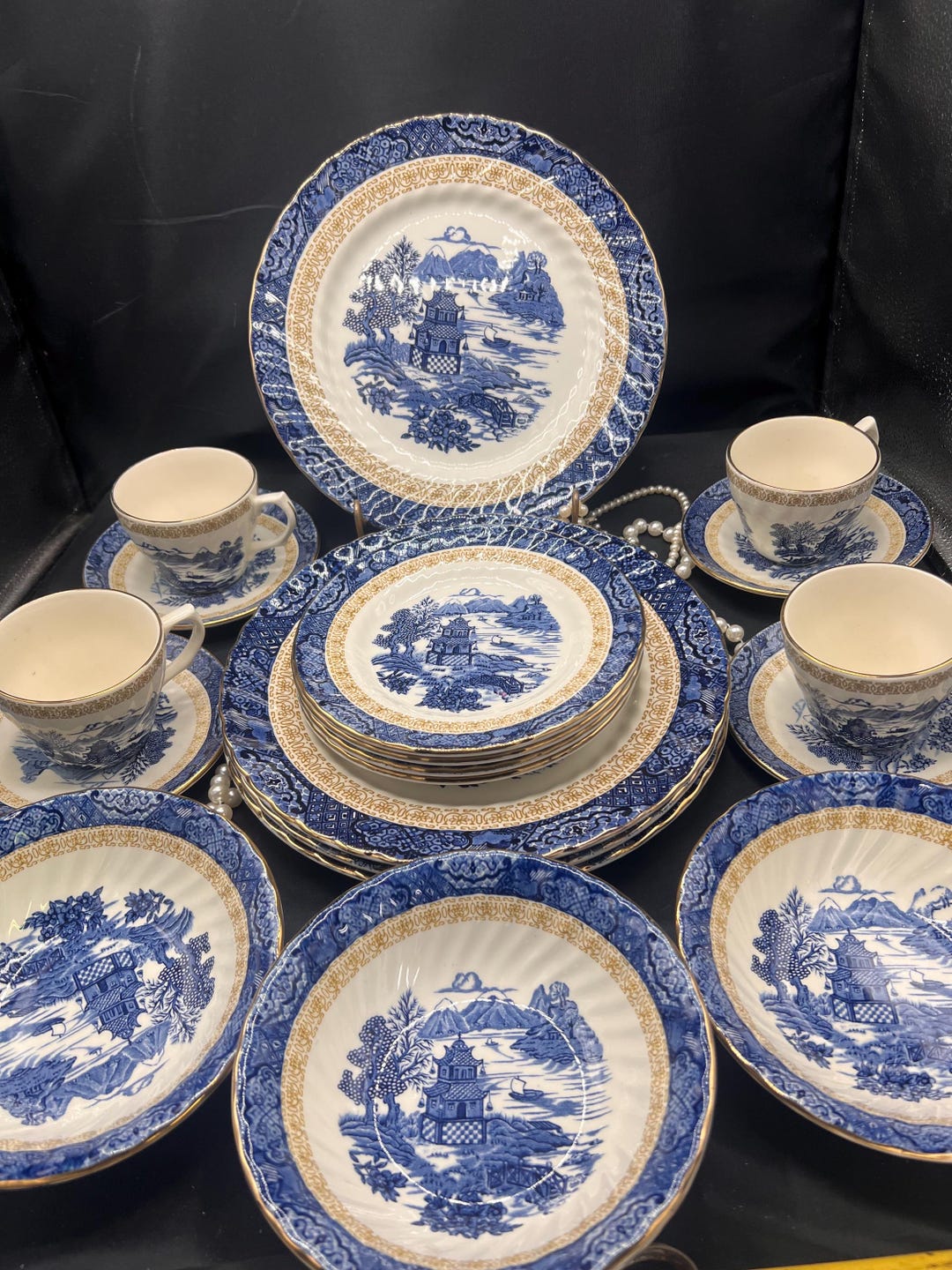 Antique Style Blue White and Gold Blue Chinoiserie Stamped